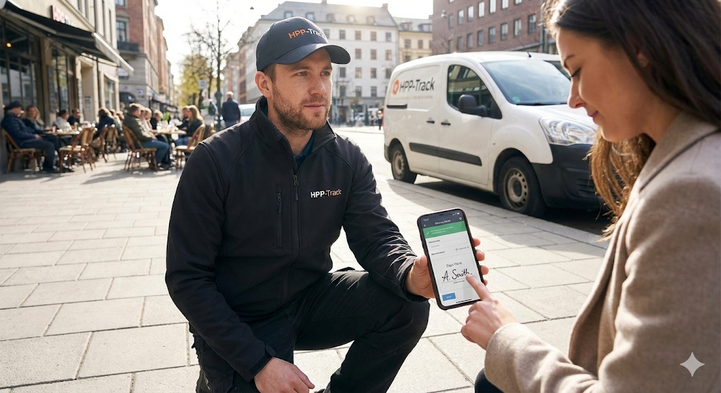 Delivery driver capturing electronic signature using HPP-Track proof of delivery software on mobile device