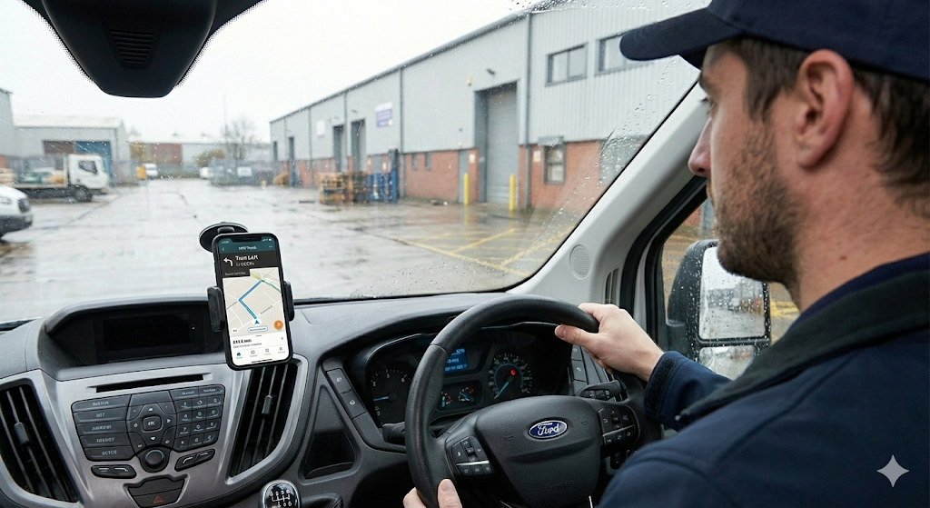 Delivery driver viewing job list on HPP-Track fleet management app in vehicle cab