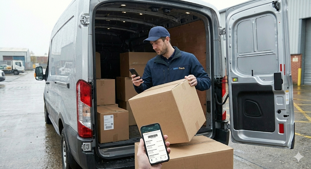 Delivery driver unloading packages from van using HPP-Track for route management